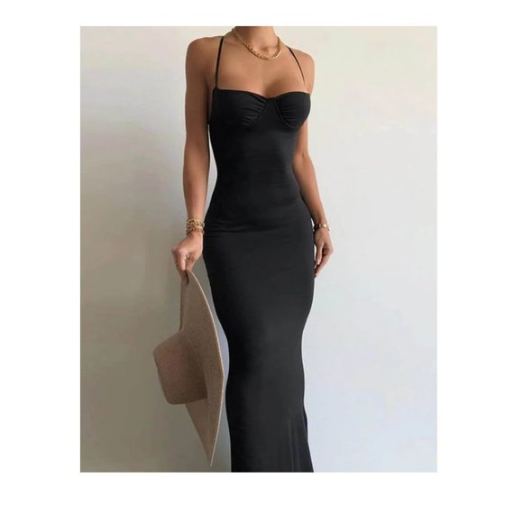 Black Bodycon Backless Dress Spaghetti Strap Long Formal Dress Evening Dress - Picture 3 of 8